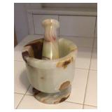 Marble mortar and pestle, cream and brown veins,