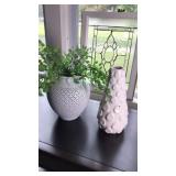 2 white ceramic vases, different styles, 10"