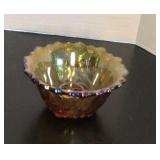 Carnival glass candle holder with ruffled edge,