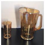Carnival glass pitcher, 9", and tumbler, 5"