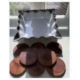 Square bowl 13" with 8 wooden coasters- 222 decor