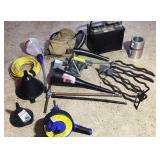 Used Battery, funnels, drain snake, leather tool