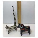 Painted horse 6 inches tall, painted cat