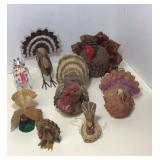 8 handcrafted turkeys ranging from 6 inches tall