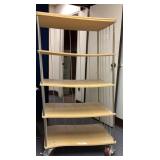 Five shelf mobile shelving unit with light wood
