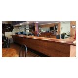  20' Bar with brass foot rail, with 8' L-shape off the end & 18' SS under bar shelf