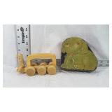 Tin box with dog on it and a pull toy bear