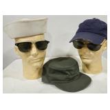 Hats, military, foam heads, sunglasses