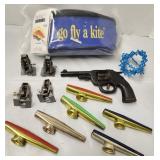 Kite, kazoos, toy metal antique gun
