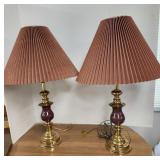 Lamps, Brass & Burgundy, matching pair