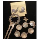 Silver German coin bracelet, hair pick and other