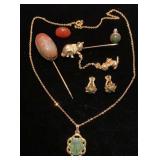 Jade earrings, pendant & pin