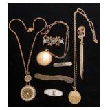 Antique necklace, lockets, clips and pins