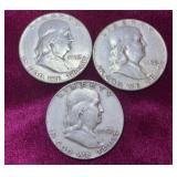 (3) 1952 Franklin Silver Half Dollar Coins