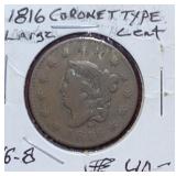 1816 Coronet Type Large Cent (VG-8)