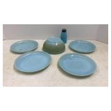 Fire King Delphite Blue Saucers & Bowl