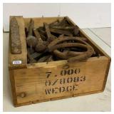 Wooden Box of Railroad Spikes & Horseshoes