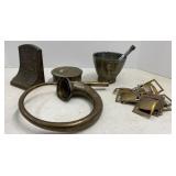 Brass Mortar & Pestle, shell cap, buckles