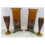 Heavy Amber Glass Vases with Brass Feet