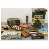Lincoln Logs, Checkers, Dominoes, playing cards