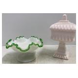 Fenton Emerald Crest & Pale Pink Candy Dishes