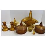 Amber Glass Basket, Candies, Candlestick holders