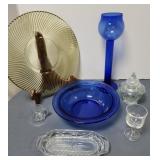 Cobalt blue vase, bowl, butter dish