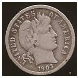 Silver Barber Dime Coin 1903-O,