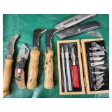 Knives, hook, Exacto, carpet / box