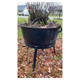 Primitive Cast Iron Kettle Planter on stand