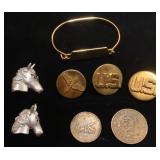 Military buttons, coins, horse pins & bracelet