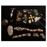 Stick pins, cuff links between broken rhinestone