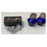 Cast Iron Match Holder & Colbalt Blue S&P Shakers