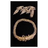 Unmarked silver dragon brooch & thick bracelet