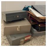 Tote of Binders & Metal Money Boxes