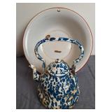 Blue & White Spatter Enamel Tea Kettle, Wash Pan