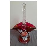 Westmoreland Ruby Red Glass Basket, Hand Painted