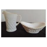 Hobstar & Fan Milk Glass Dish & Pitcher