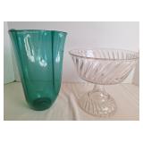 Blenko Sea Green Art Glass Vase & Glass Compote