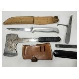 Hatchet, filet knife, pocket knife
