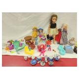 Dolls, various sizes & accessories, tea set