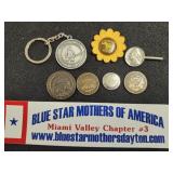 Key ring, political pin, tokens