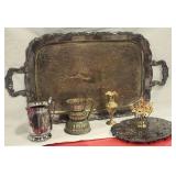 Silver look metal tray, brass vase
