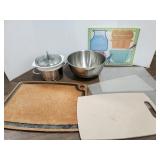 Cutting boards, fondue pot, bowl