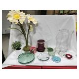 Vase, glass candle coasters, flowers
