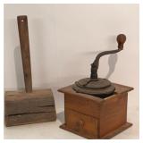 Primitive Wooden Mallet & Coffee Grinder