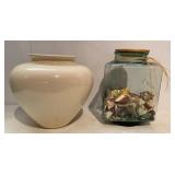 Large Pottery Vase & Glass Canister with Shells