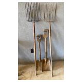 Primitive Wood Handled Shovels & Hay Forks