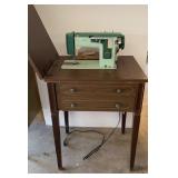 Vtg White Sewing Machine & Cabinet
