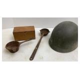 Ladles, wooden box & Military Helmet insert